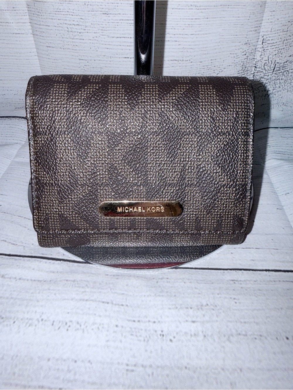 Michael Kors Dark Brown Monogram Fold Wallet with Gold Plaque